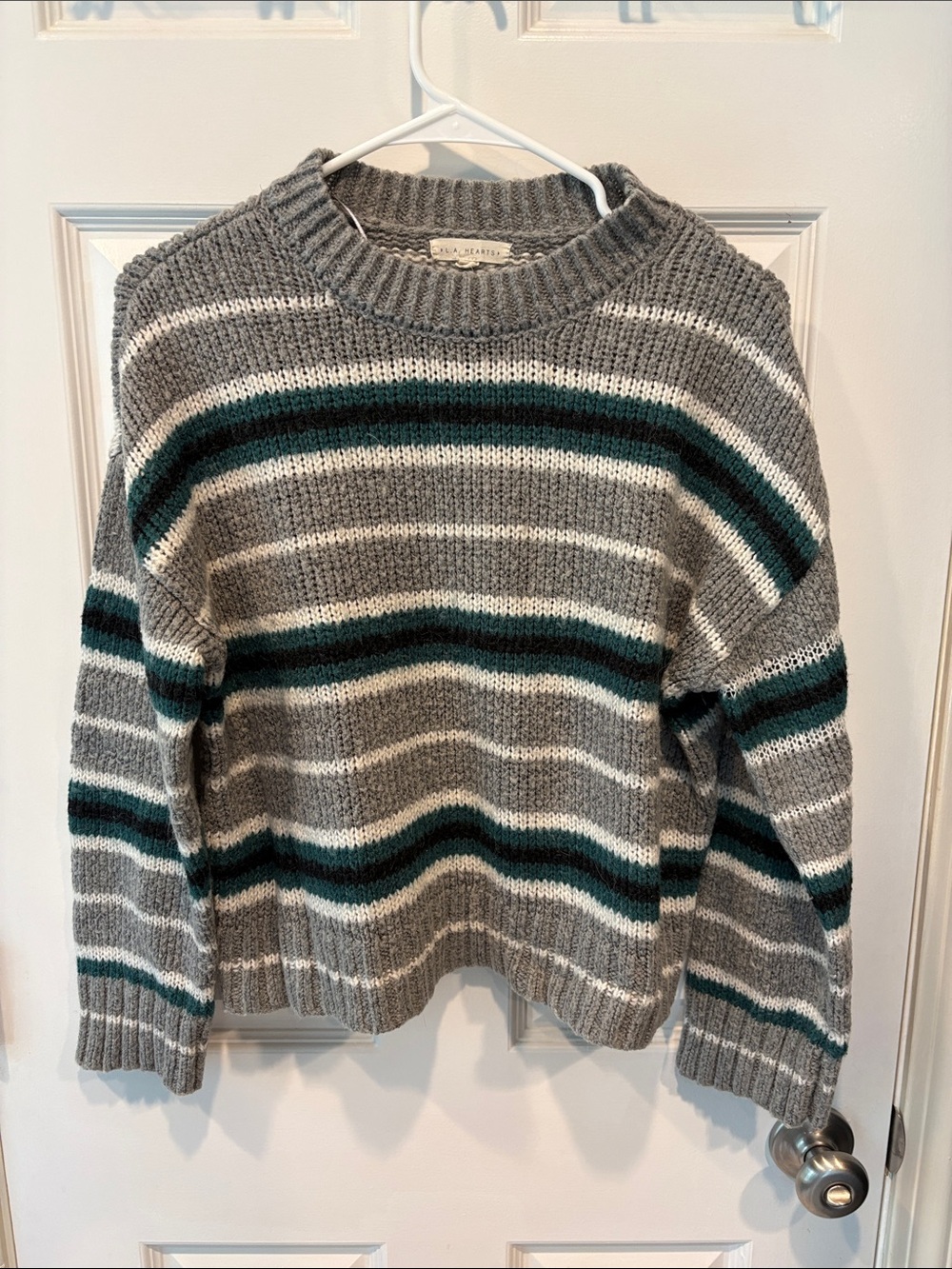 La Hearts Gray Striped Crewneck Sweater with Teal & White Bands